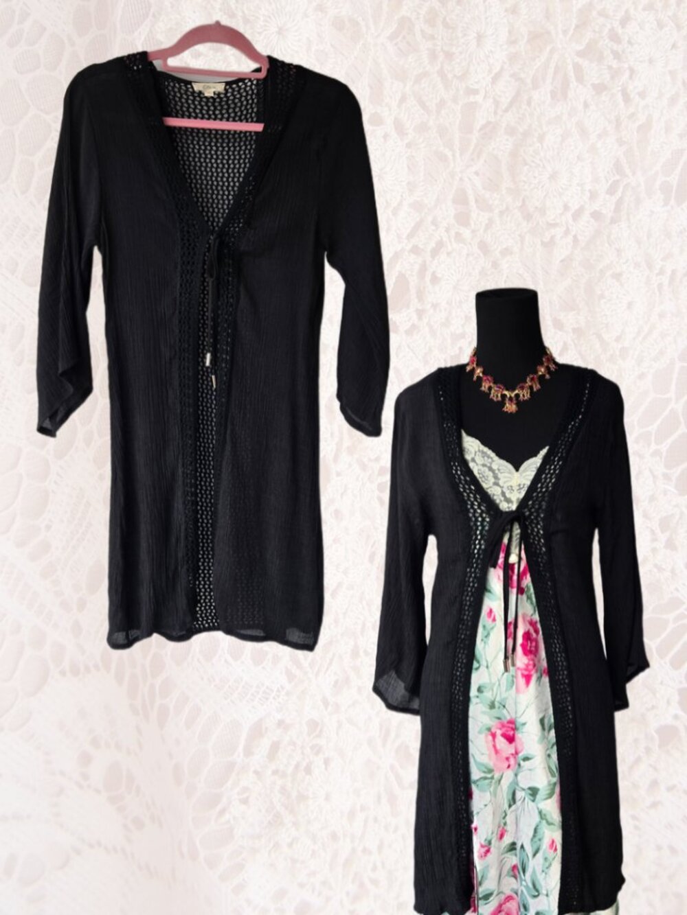 Elan Black Open-Front Kimono Semi-Sheer Crochet Lace Cardigan Cover-up Boho